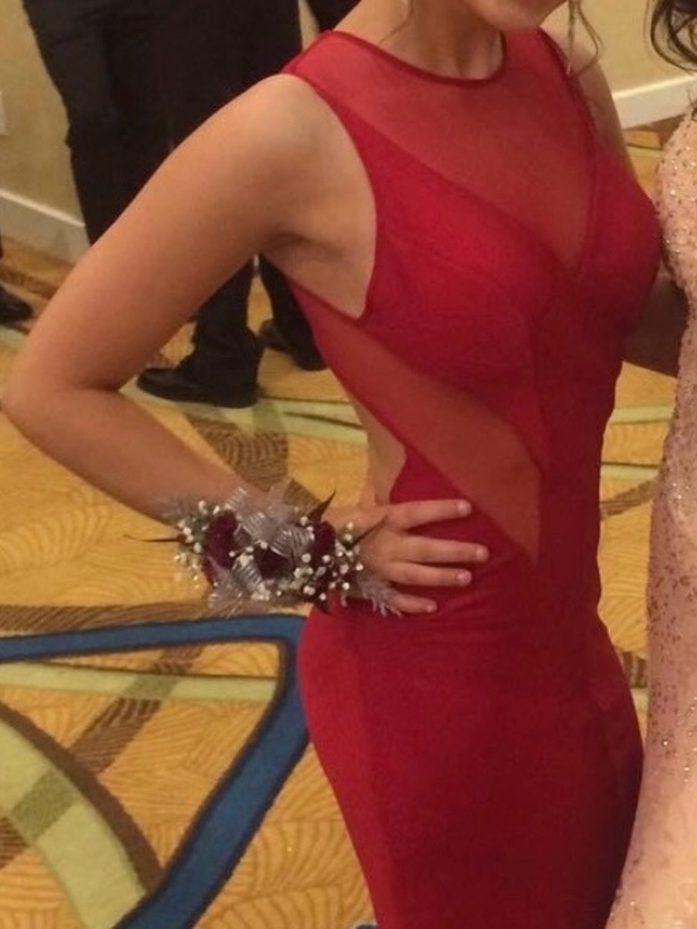 Faviana Red Sheer-Panel Prom Gown